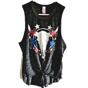 NOBO Cow Skull & Stars Sleeveless Tee Muscle T-Shirt w/Tie Front Graphic Tee